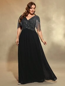 Plus Size Sequin Patchwork Fringe Chiffon Party Dress - Black - View 5