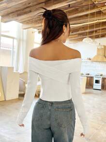 SHEIN Unity Suéter de punto corto con hombros descubiertos de unicolor para otoño e invierno - Blanco - Ver 3