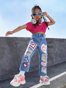 SHEIN Explorewe Young Girl Heart Print Ripped Straight Leg Jeans - Medium Wash - View 4