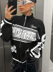 SHEIN ICON 秋装女式字母图案落肩黑色开衫、长袖上衣 - 黑與白 - 查看 4