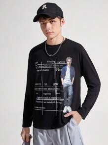 SHEIN 青少年男孩休閒寬鬆版人物和字母印花長袖t卹