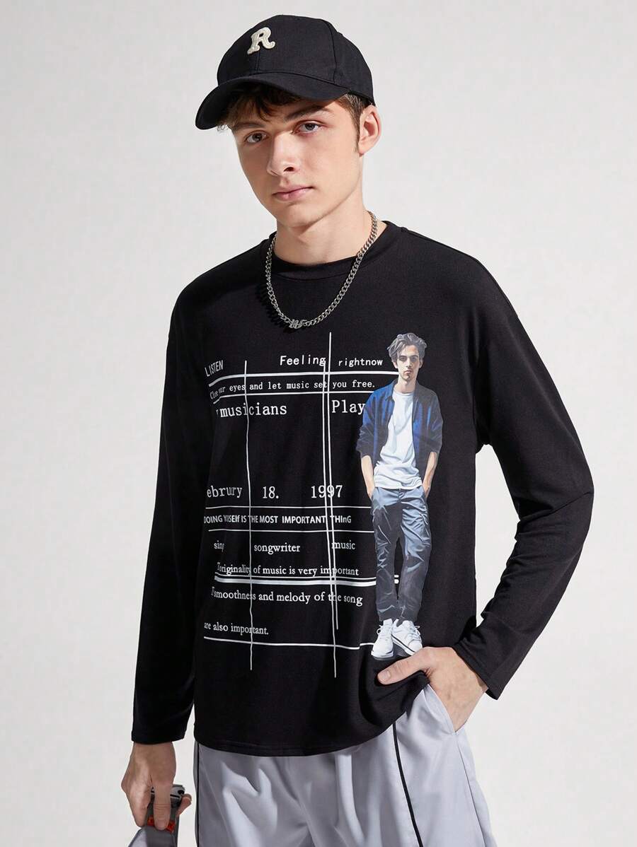 SHEIN 青少年男孩休閒寬鬆版人物和字母印花長袖t卹