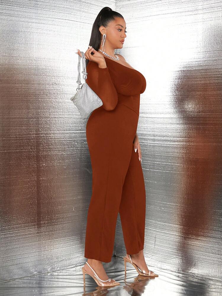 Plus Size Women's One Shoulder Mesh Long Sleeve Jumpsuit