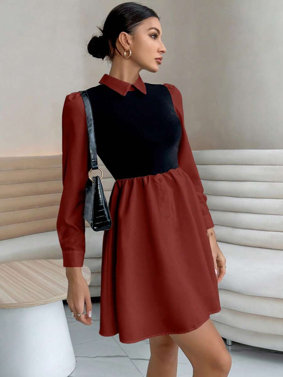 SHEIN Essnce Women's Contrast Color Patchwork Long Sleeve Turn-down Collar Dress - Red and Black - View 1