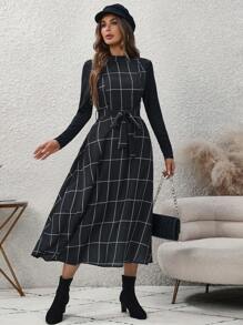 SHEIN Clasi 方格印花腰帶無袖連身裙,不含內搭t恤 - 彩色 - 查看 7