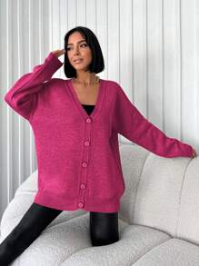 EURMUSE Women's Solid Color Drop Shoulder Button Down Cardigan - Pink - View 4