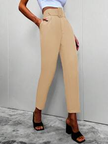 SHEIN BIZwear 女款腰帶直筒西裝褲 - 卡其色 - 查看 4