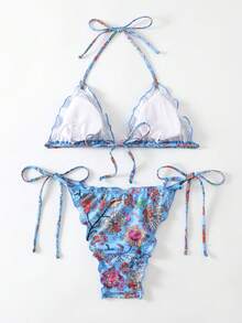 SHEIN Swim Vcay 女士花卉印花吊带比基尼套装夏季海滩 - 彩色 - 查看 5