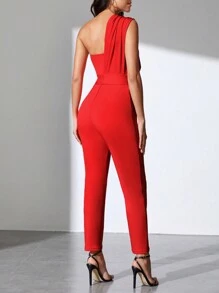 Zolique 一肩亮片拼接束帶連身褲 - 紅色 - 查看 2