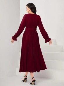 Modelyn 勃艮第红色女士纯色圆领灯笼袖连衣裙配腰带和褶皱，长款超长女士装长款晚礼服 - 酒紅色 - 查看 2