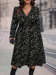 SHEIN Clasi Plus Leopard Print Flounce Sleeve Overlap Collar Dress - Black - View 4