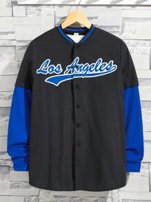 SHEIN Thiếu niên con trai Đồ họa Chữ cái Hai âm Cổ Đứng Áo sơ mi - Đen và trắng - Xem 1