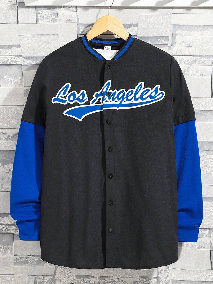 SHEIN Thiếu niên con trai Đồ họa Chữ cái Hai âm Cổ Đứng Áo sơ mi - Đen và trắng - Xem 1