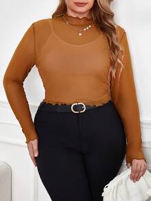 SHEIN Privé Plus Size Women's Sheer Half Collar Net Top - Brown - View 7