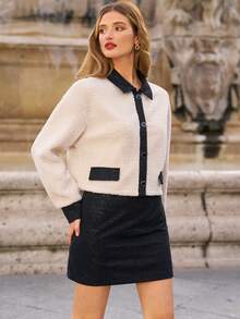 SHEIN Frenchy 拼接邊前紐扣毛絨夾克&半身裙 - 彩色 - 查看 4