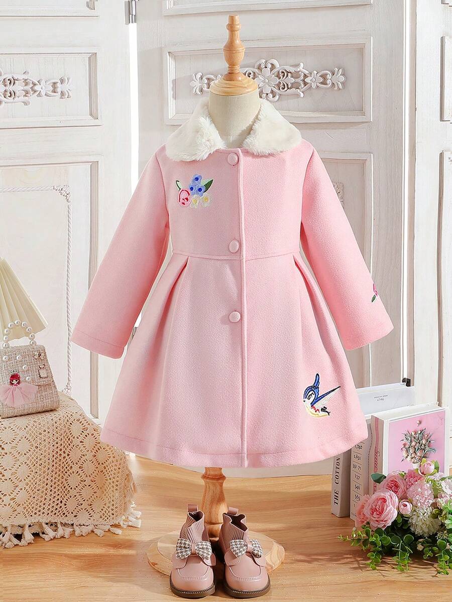 SHEIN Bé gái Len áo Với Hoa Và Tranh thêu Chim - Hồng - Xem 1