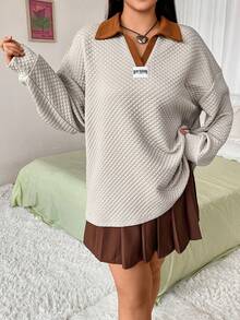 Flirla Women's Plus Size Letter Print Sweatshirt With Color-block Collar And Drop Shoulder - Camel - View 4