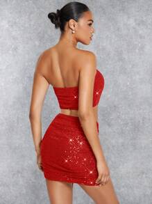 SHEIN BAE 女士闪亮露肩短款上衣和裙子套装 - 紅色 - 查看 2