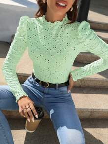 SHEIN Frenchy 刺繡領泡泡袖t卹 - 綠色 - 查看 5