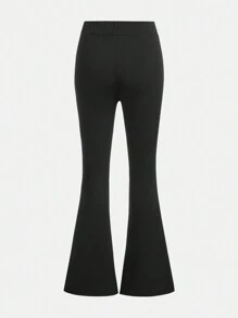 SHEIN 少女针织纯色仿珍珠纽扣装饰休闲喇叭裤 - 黑色 - 查看 2