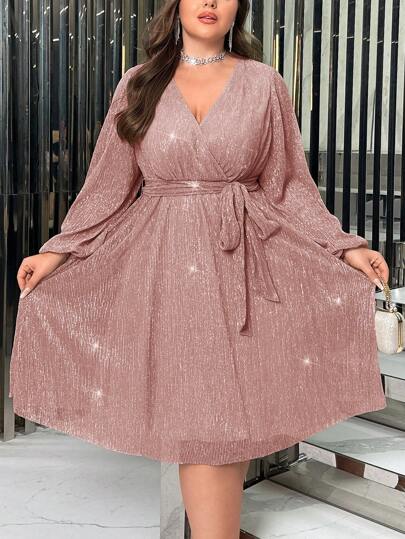 SHEIN Privé Plus Size V-neck Lantern Sleeve Belted Dress