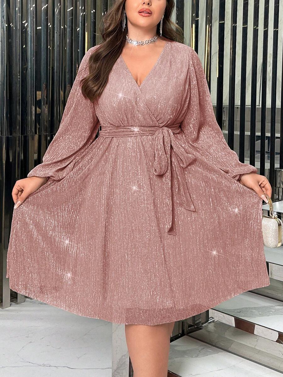 SHEIN Privé Vestido De Talla Grande Con Cuello En V, Manga De Linterna Y Cinturón - Rosa vieja - Ver 1