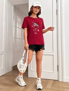 SHEIN EZwear 女士聖誕杯印花t卹 - 紅木色 - 查看 4