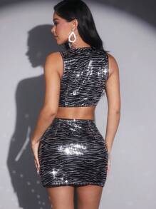 SHEIN SXY 女款亮片羈扣開襟無袖背心和裙子兩件套