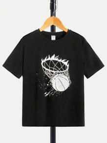 SHEIN 少年男孩鬆身舒適籃球印花短袖針織上衣 - 黑色 - 查看 1