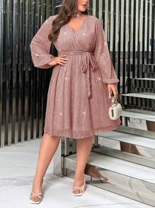 SHEIN Privé Vestido De Talla Grande Con Cuello En V, Manga De Linterna Y Cinturón - Rosa vieja - Ver 6