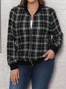 EMERY ROSE Plus Size Plaid Baseball Collar Jacket - Black and White - View 1