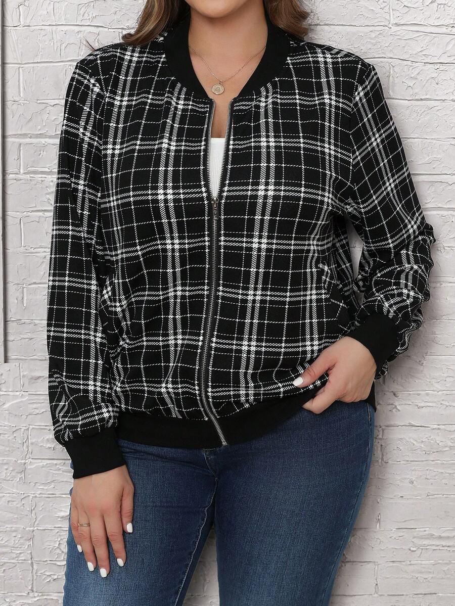 EMERY ROSE Plus Size Plaid Baseball Collar Jacket - Black and White - View 1