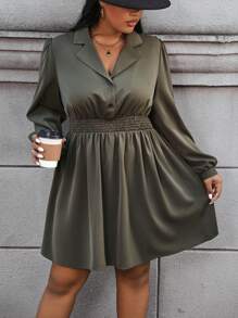 Calvaya Plus Size Turn-down Collar Shirt Dress - Army Green - View 6