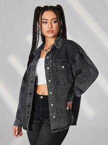 SHEIN EZwear Women's Flip Pocket Button-down Denim Shirt Top - Grey - View 1