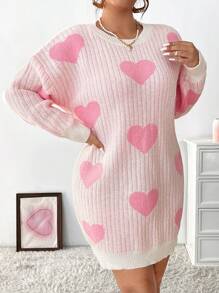 Celure Plus Size Heart Pattern Drop Shoulder Sweater Dress - Pink - View 1
