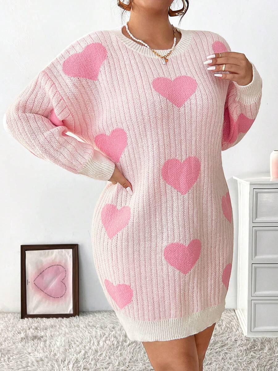 Celure Plus Size Heart Pattern Drop Shoulder Sweater Dress - Pink - View 1