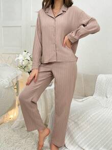 女款前扣長袖上衣長褲睡衣套裝 - 卡其色 - 查看 4