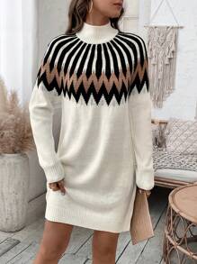 SHEIN LUNE Của phụ nữ Áo cao cổ Họa tiết Hình học Đầm Áo len - Màu be - Xem 3