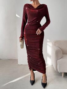 Chiquease cổ áo xếp nếp Xù Long lanh Váy bodycon - Màu Đỏ Sâu - Xem 5