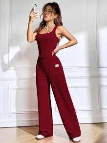 SHEIN EZwear Ladies' Double Layer Top & Long Trousers Set - Burgundy - View 6