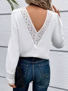 SHEIN Frenchy 女蕾絲拼接泡泡袖襯衫 - 白色 - 查看 5