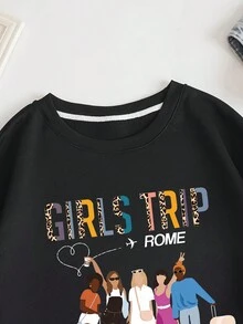 SHEIN EZwear 大碼人物和標語圖案落肩袖運動衫 - 黑色 - 查看 3