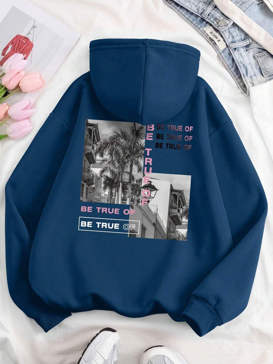 SHEIN EZwear 女款藍色印花連帽常規版型運動衫 - 藏蓝色 - 查看 1