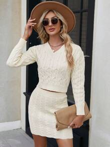 Chiquease V-neck Sweater And Skirt Two-piece Set - Apricot - View 4