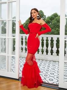 Missord Mesh Mermaid Hem Off Shoulder Sequined Party Dress - Red - View 8