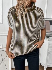 SHEIN Frenchy 休閒撞色條紋高領蝙蝠袖針織上衣 - 棕色 - 查看 4