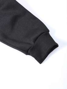 Flirla Plus Size Cartoon & Slogan Graphic Thermal Lined Drawstring Sweatshirt - Black - View 3