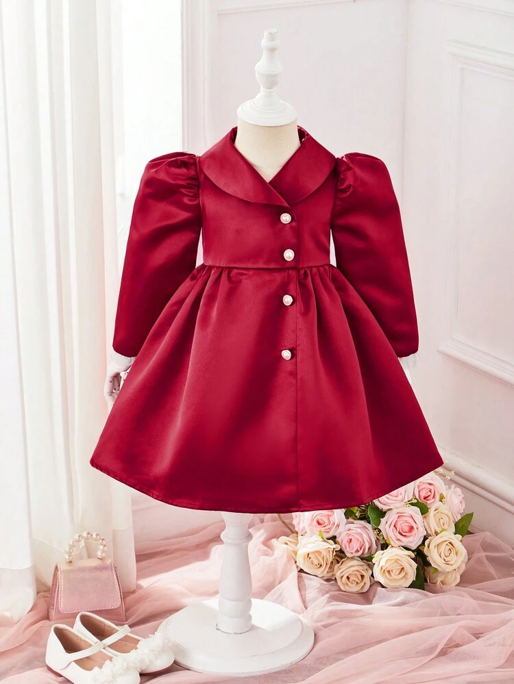 Baby Girls' Gorgeous Elegant Red Satin Puff Long Sleeve Dress