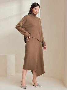 Modelyn 女士高领不对称下摆毛衣和针织裙套装 2 件套 - 咖啡棕 - 查看 1