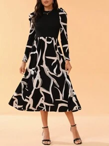 SHEIN Tall Của phụ nữ Vá lại In Ống tay áo Đầm - màu đen - Xem 6